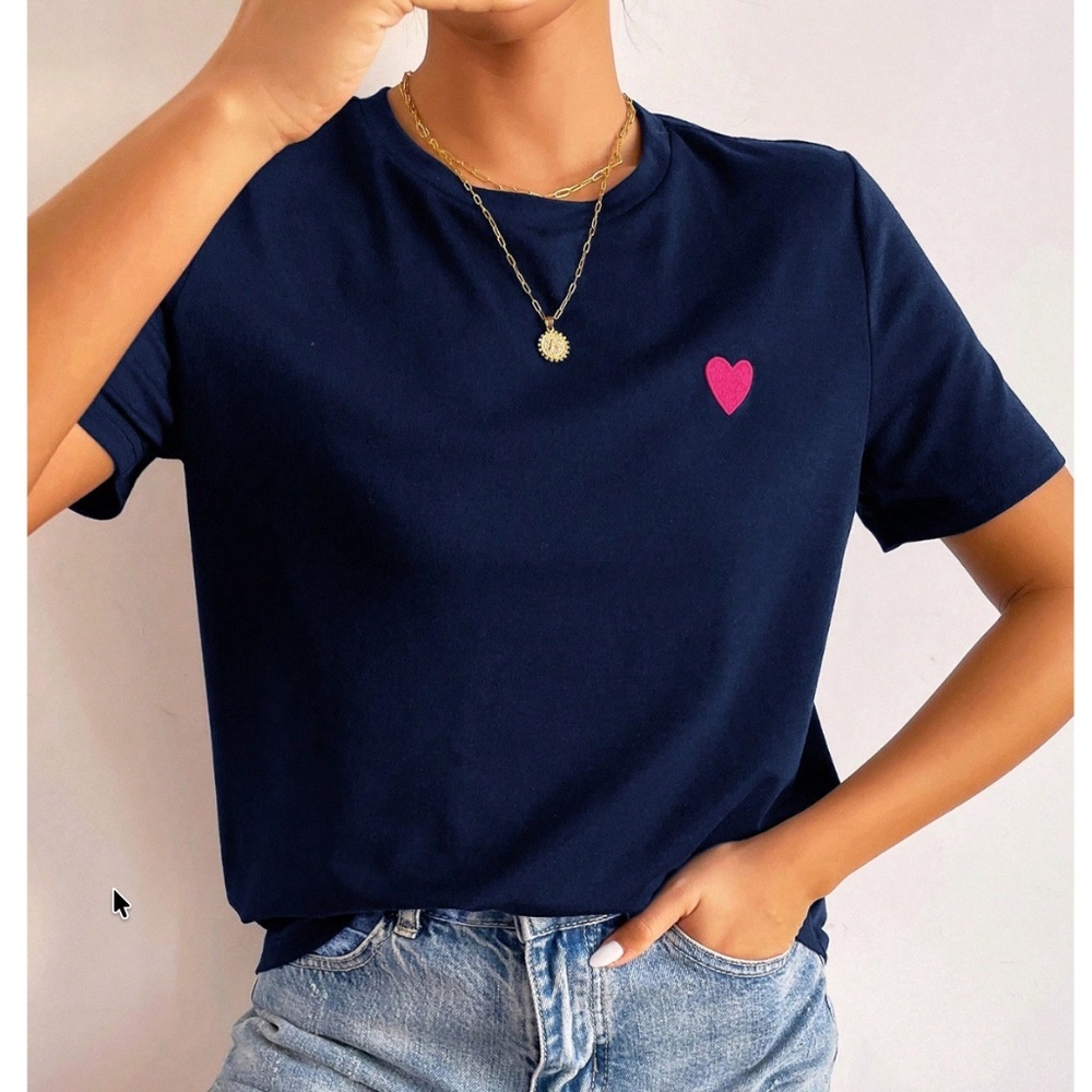 Navy Blue Crew Neck Tee Shirt Embroidered Pink Heart